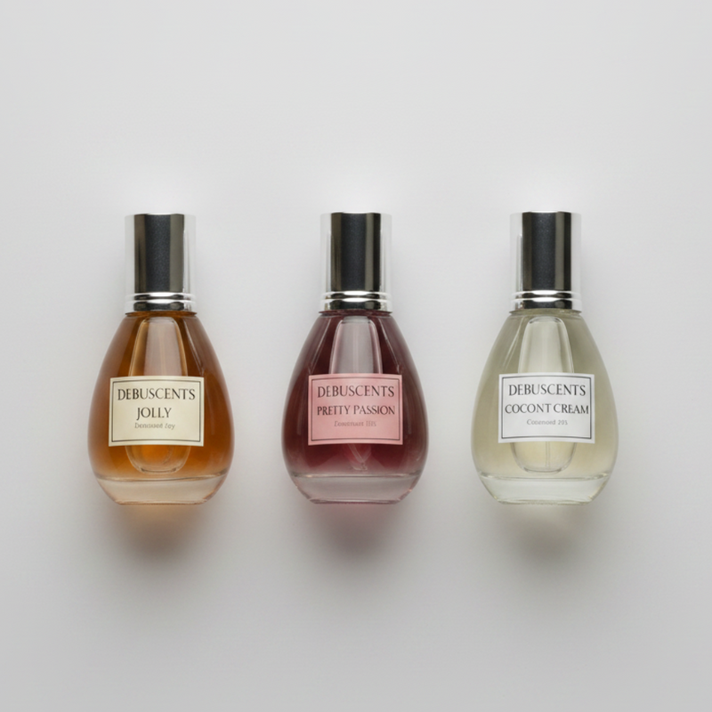 Three perfume bottles with decorative elements on a soft pink background